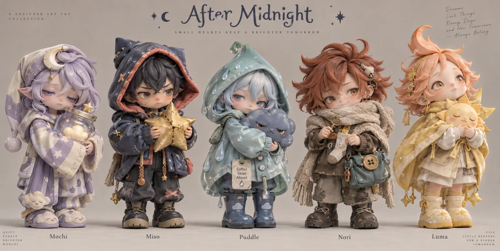 Original After Midnight concept artwork featuring Mochi, Miso, Puddle, Nori and Luma