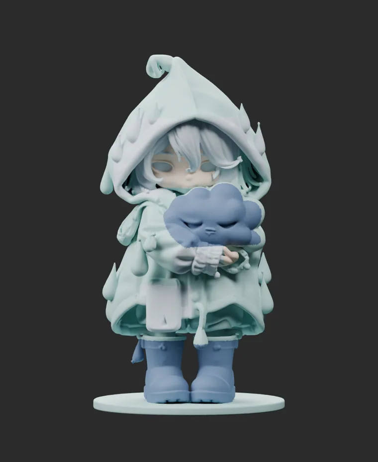Puddle, a rain keeper in a seafoam hood and boots holding a grumpy cloud