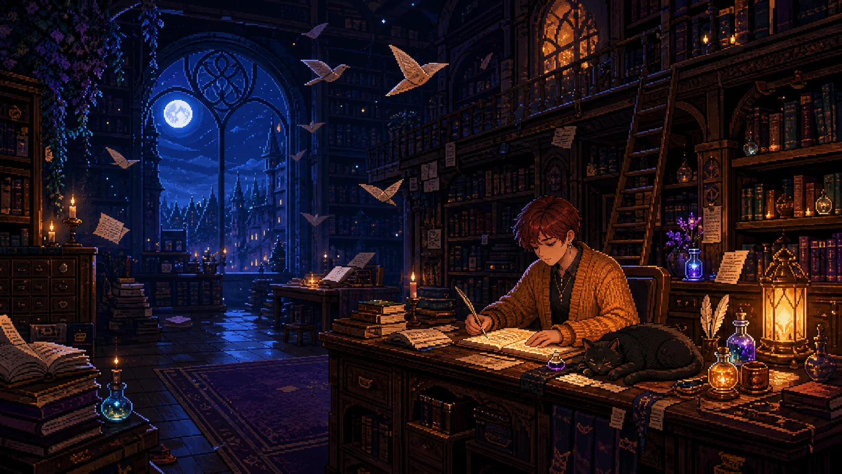 Pixel-art writer and cat in an enchanted moonlit library