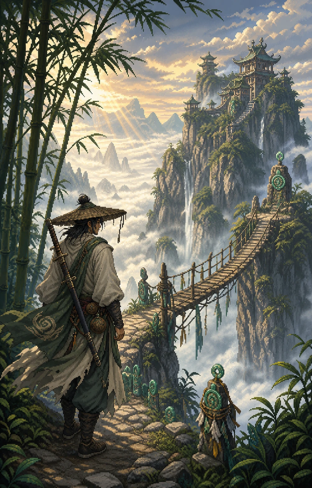 A swordsman approaching a rope bridge through misty mountains