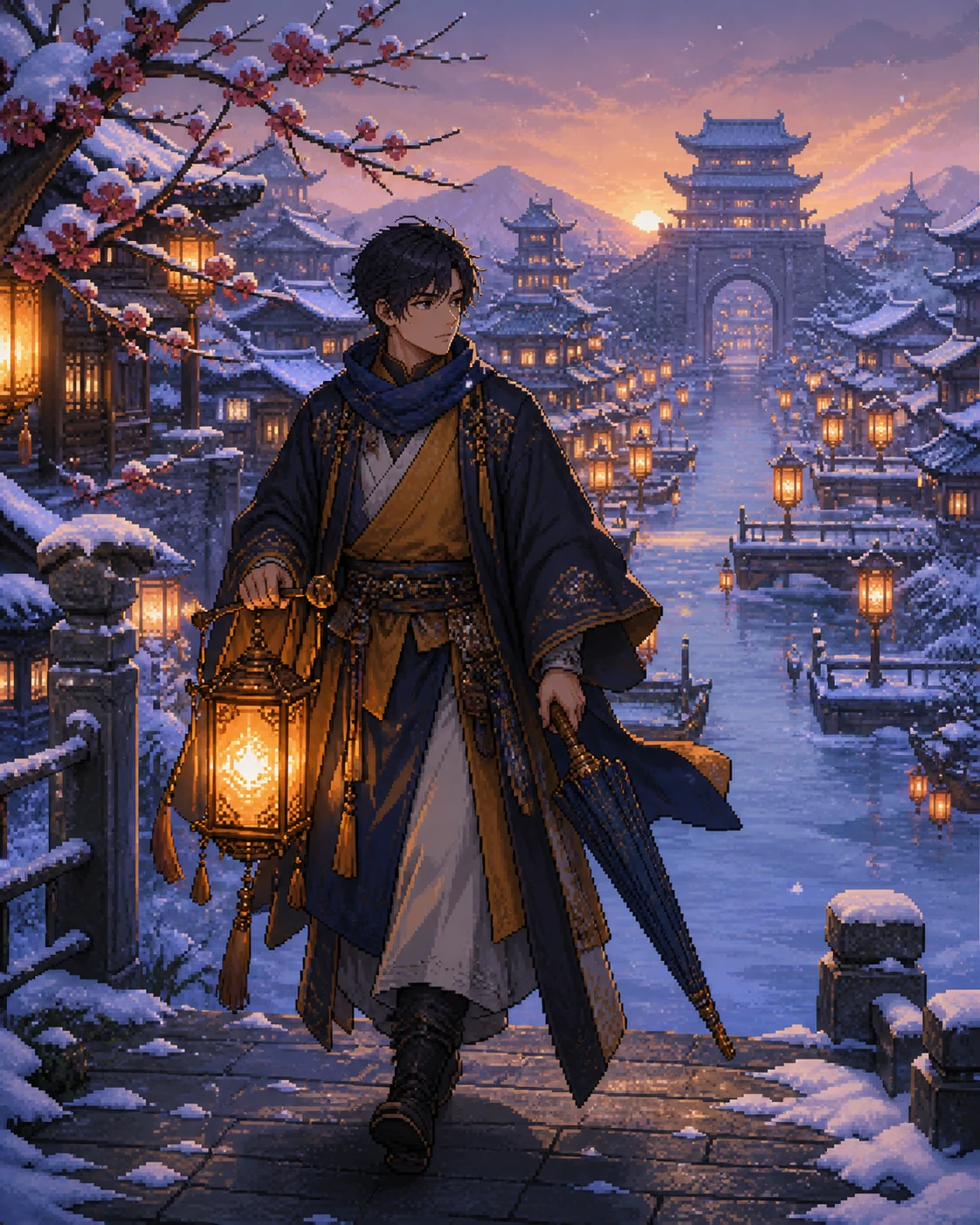 Pixel-art lantern keeper crossing a snowy canal city