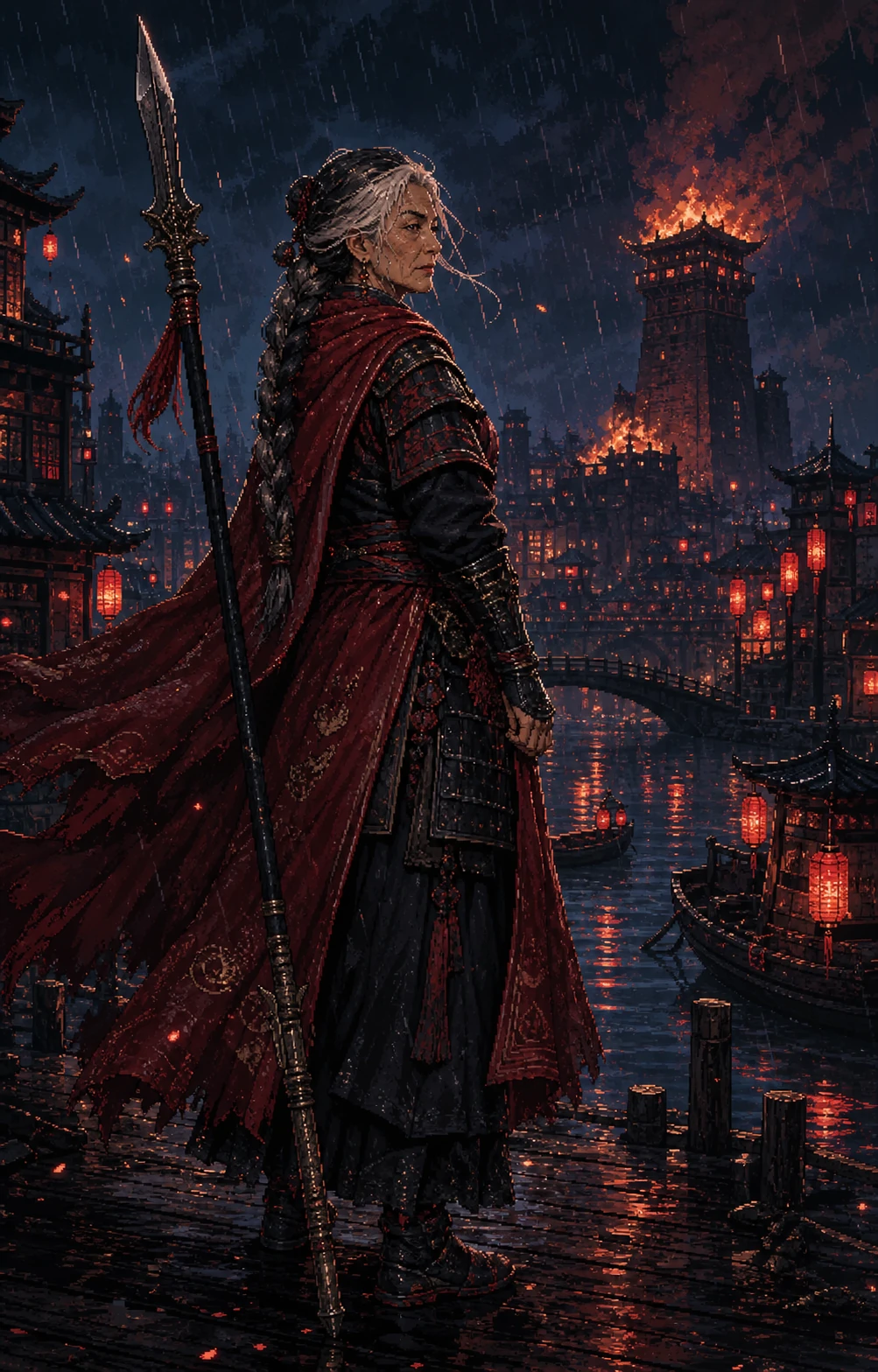 Veteran spear master overlooking a burning river city