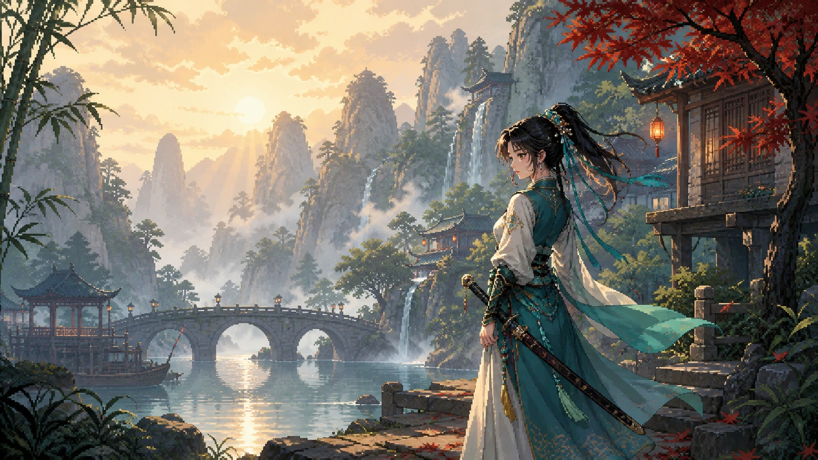 Pixel-art wuxia swordswoman beside a mountain river village